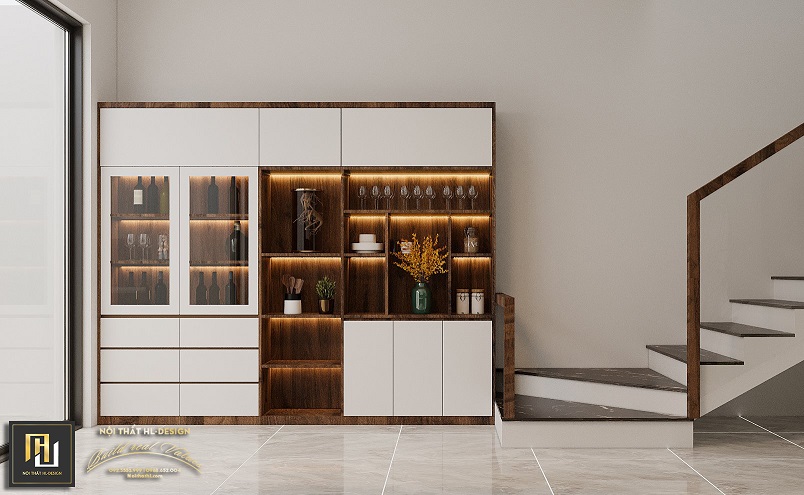 Thiết kế nội thất phòng bếp với hệ tủ rượu đẹp và hiện đại tại hạ long