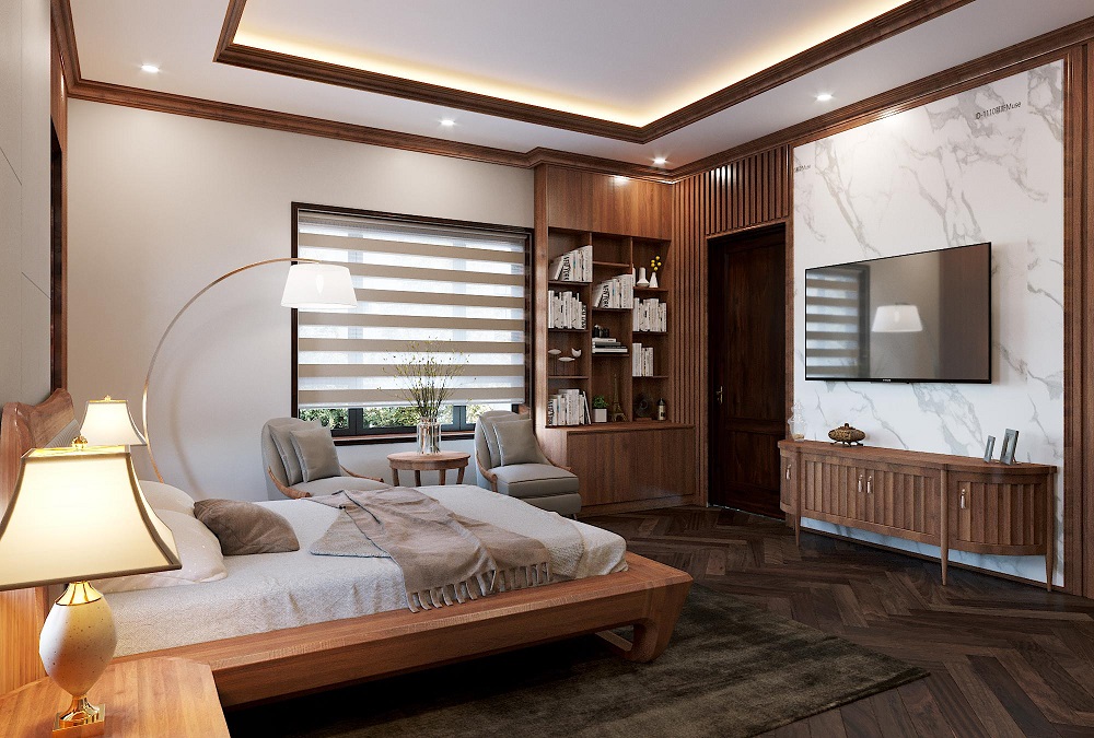 Thiết kế nội thất phòng ngủ master phong cách gỗ óc chó nhà chị Hoàng Anh uông bí Quảng Ninh