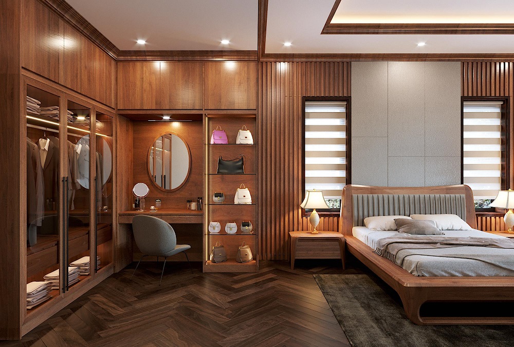 Thiết kế nội thất phòng ngủ master phong cách gỗ óc chó nhà chị Hoàng Anh uông bí Quảng Ninh