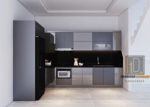 Thiết kế thi công mẫu tủ bếp hiện đại với Tông màu đen xám hiện đại và lạ mắt cho nhà Anh Thiện Vân Đồn.