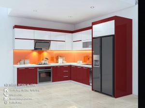 Tủ bếp tông màu đỏ trắng hình chữ L tại Hạ Long - Thiết kế tủ bếp chuyên nghiệp tại Hạ Long